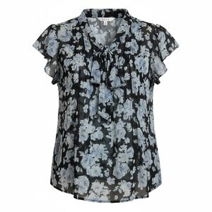 NWT ELLE Floral Print Bow Neck Blouse‎ Short Sleeve Women's Size S Black Blue